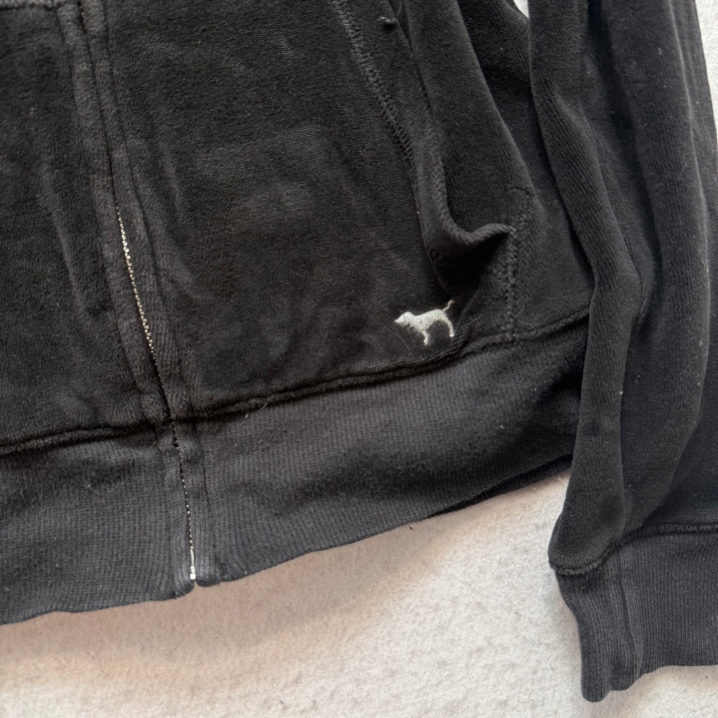 PINK Victoria's Secret Women's Black Velour Full Zip Hoodie Graphic Logo Size S