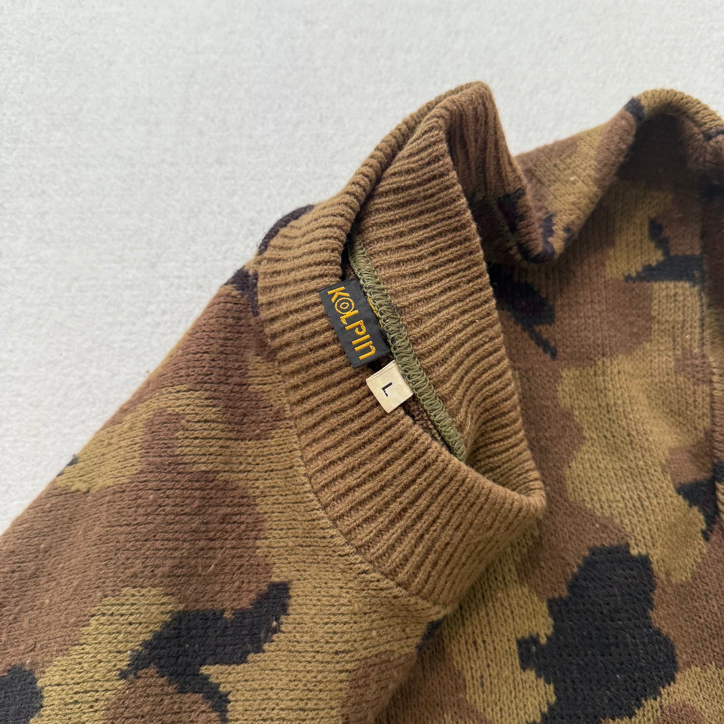 Vintage Kolpin Mens Brown Camo Knit Pullover Sweater Duck Hunter Crewneck Size L