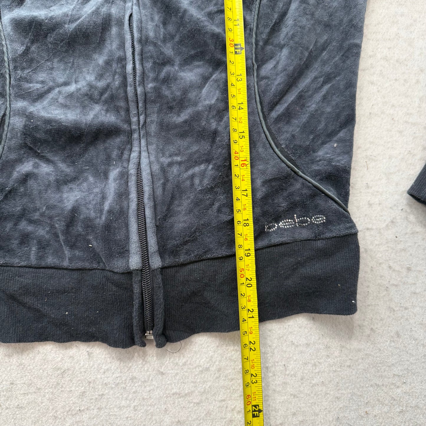 Bebe Women's Charcoal Gray Velour Zip-Up Hoodie Rhinestones Logo Pockets Size M