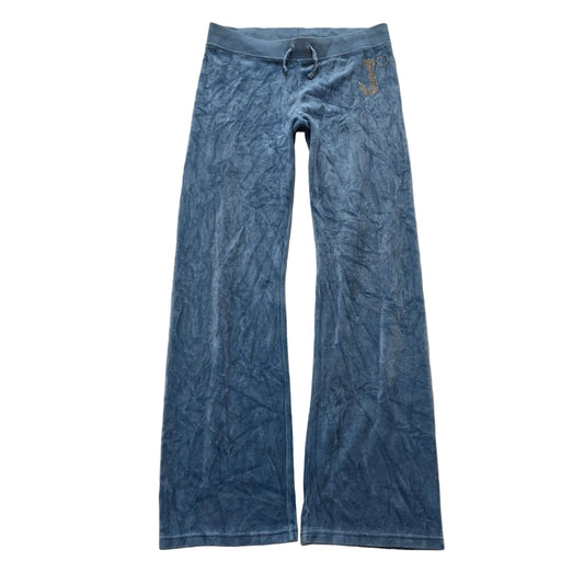 Juicy Couture Women's Slate Blue Velour Flare Track Pant Rhinestone Logo Size 14
