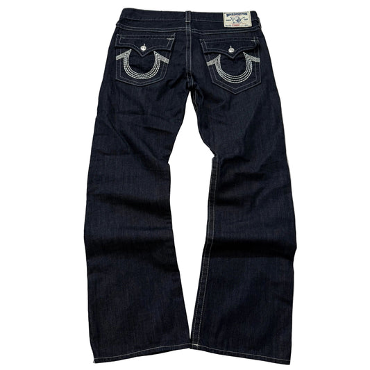 True Religion Ricky Men's Blue Straight Jeans Triple Stitch Flap Pocket Size 36