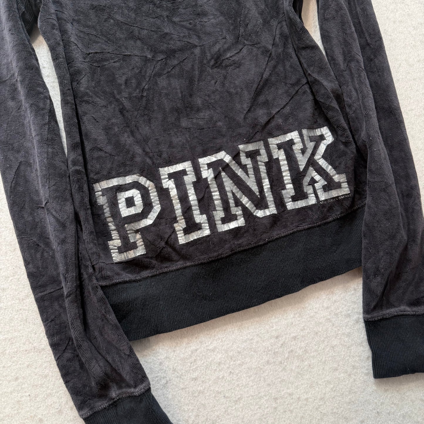 Victoria's Secret PINK Women's Black Velour Hoodie Silver Sequin Logo Size XS
