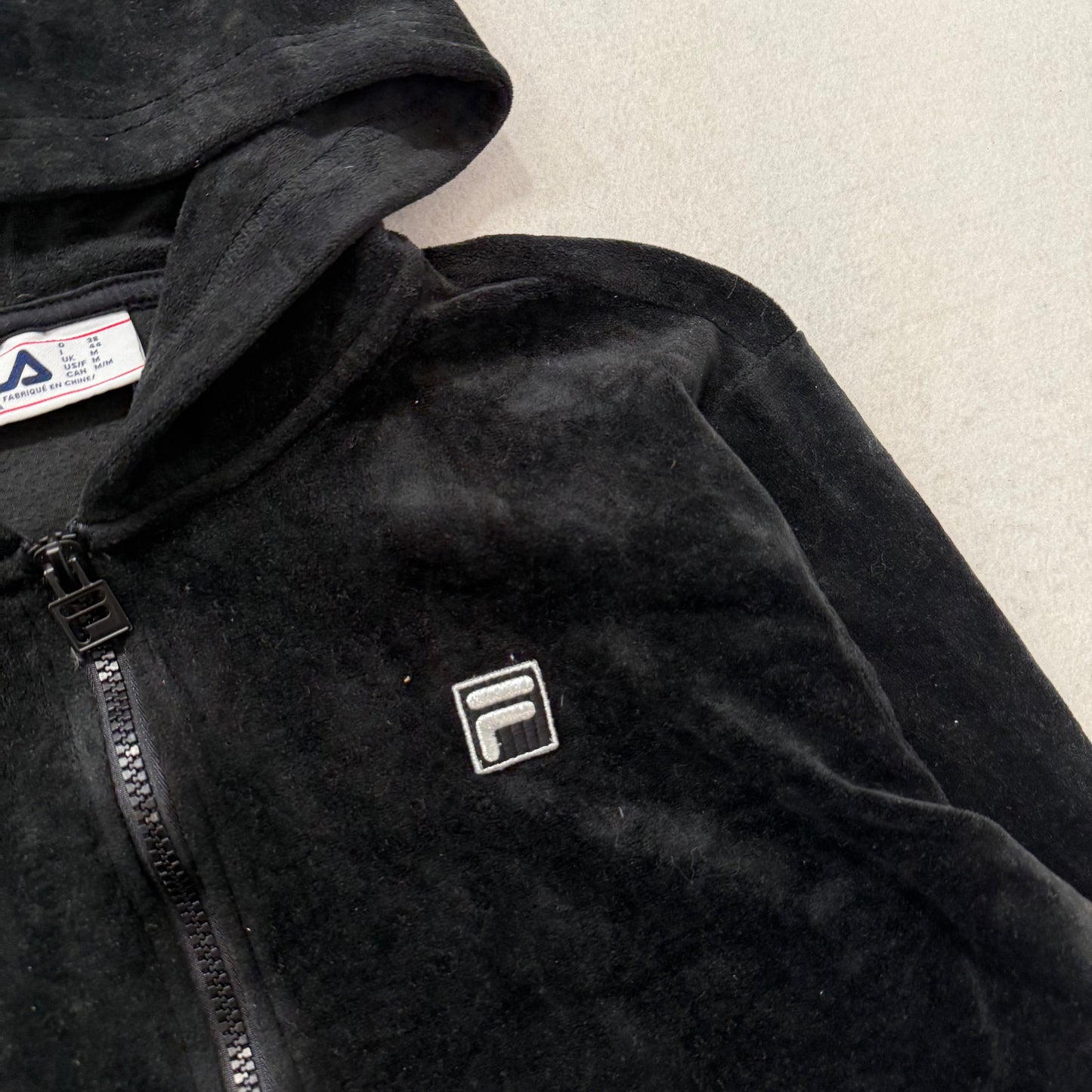 Fila Women's Jet Black Velour Pullover Hoodie Quarter Zip Elasticated Hem Size M