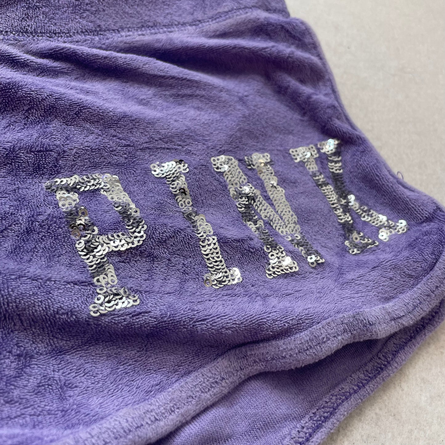 PINK Victoria's Secret Women Purple Terrycloth Varsity Shorts Sequin Logo Size M