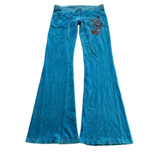 Vintage Juicy Couture Women's Ocean Blue Velour Flared Track Pant Pockets Size S
