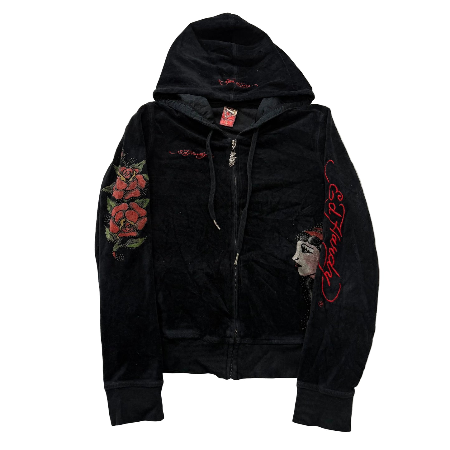 Ed Hardy Roses Gypsy Women's Black Velour Zip-Up Hoodie Tattoo Print Logo Size L