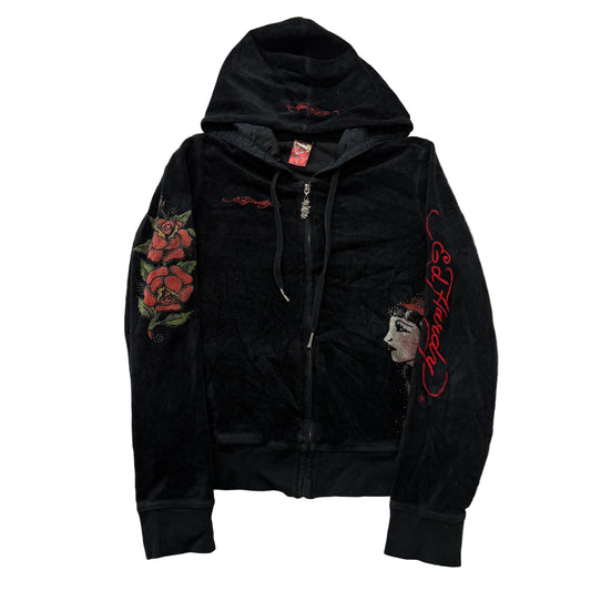 Ed Hardy Roses Gypsy Women's Black Velour Zip-Up Hoodie Tattoo Print Logo Size L