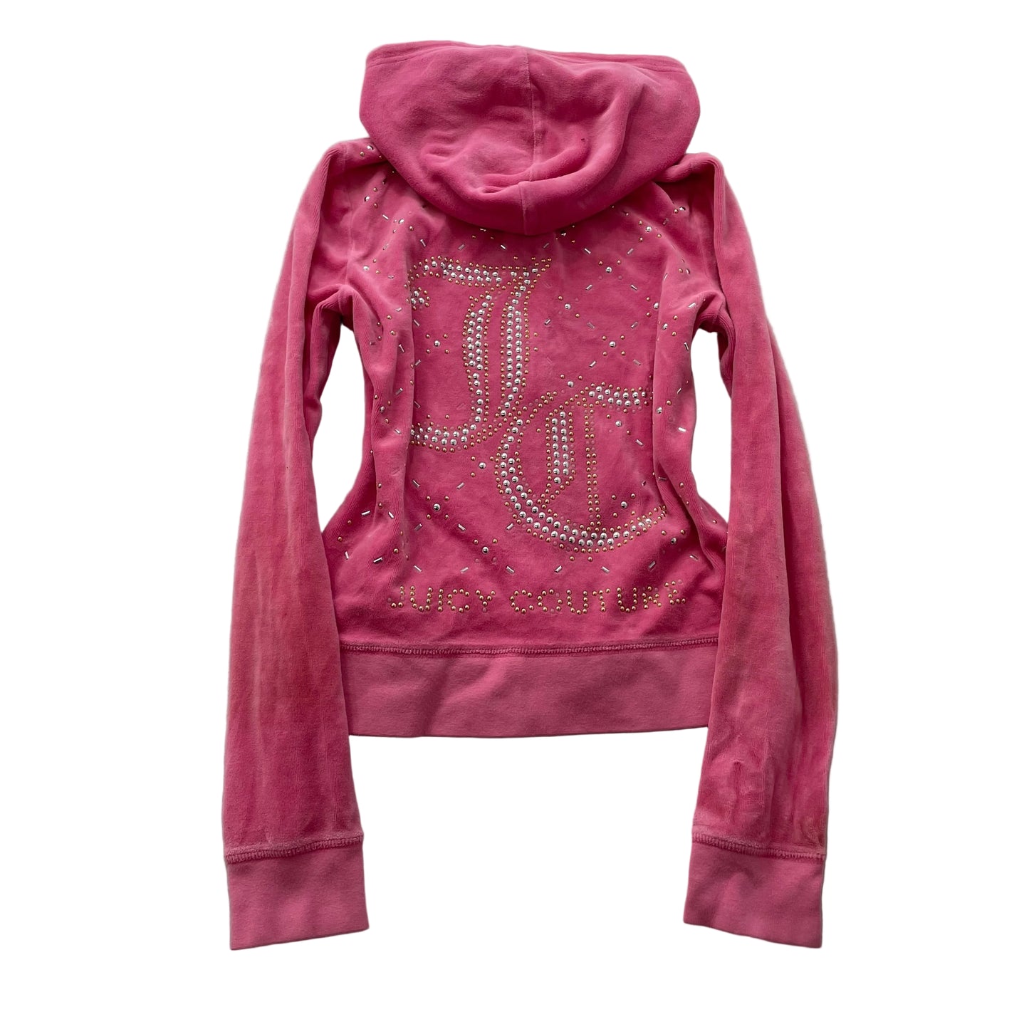 Juicy Couture Women's Pink Velour Full Zip Hoodie Rhinestone Studded Logo Size S
