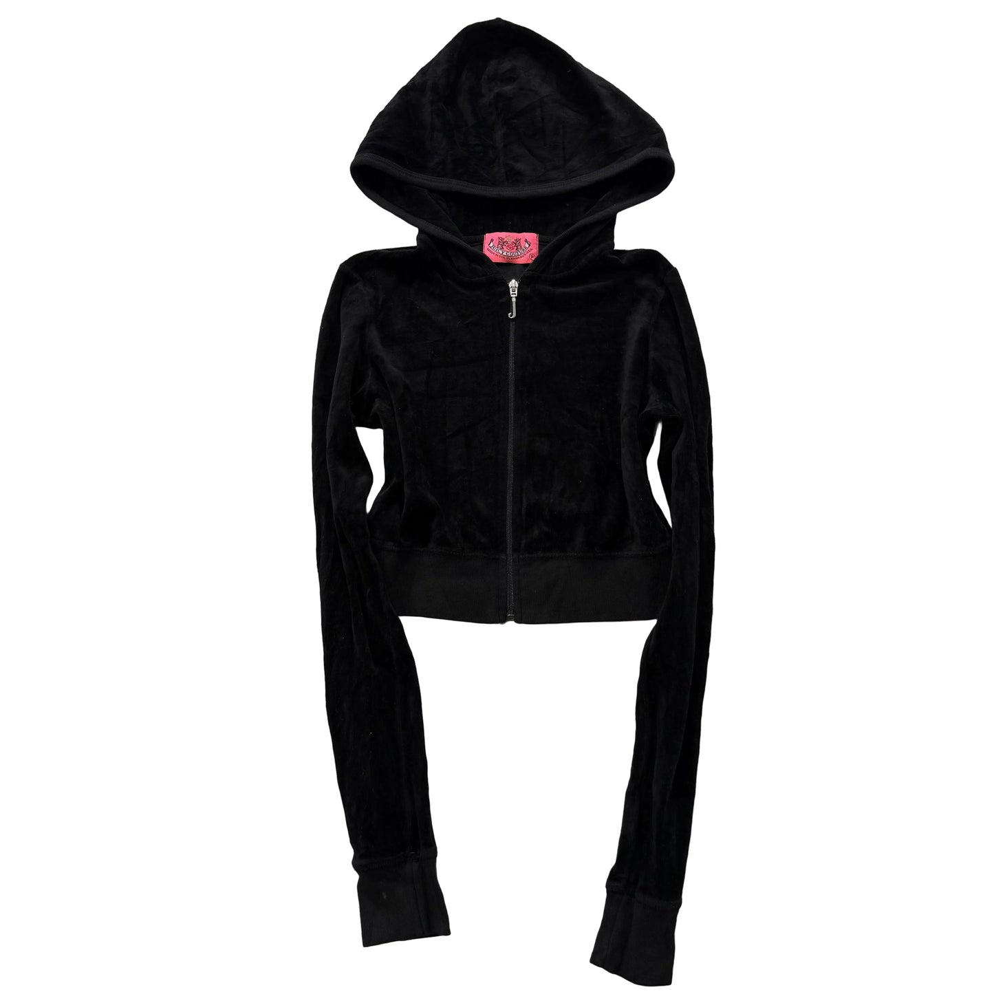 2003 Vintage Juicy Couture Women's Black Velour Zip-Up Cropped Hoodie Y2k Size P
