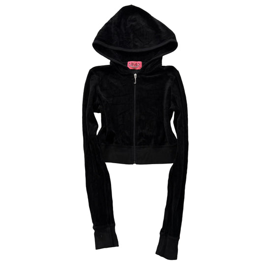 2003 Vintage Juicy Couture Women's Black Velour Zip-Up Cropped Hoodie Y2k Size P