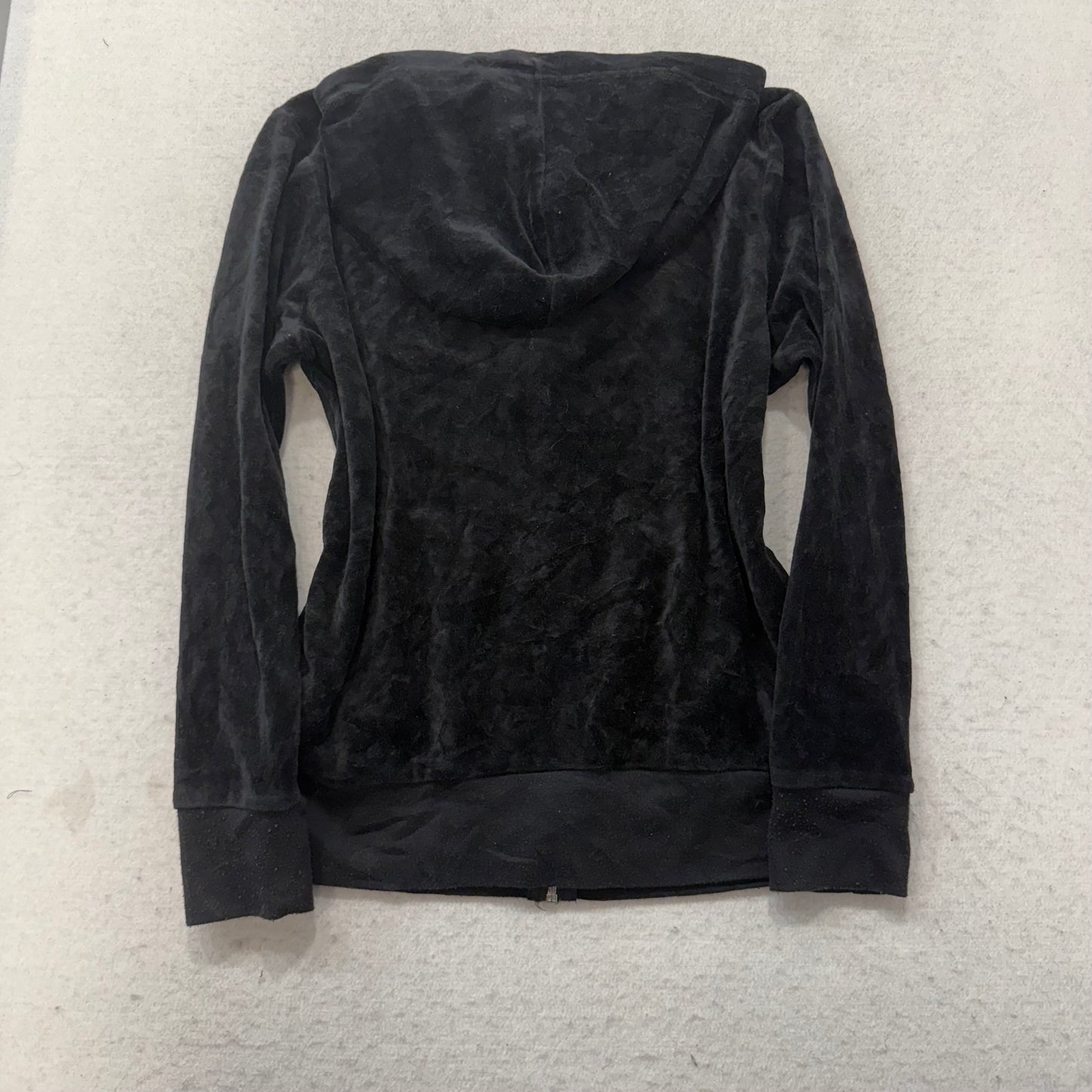 Vintage Juicy Couture Women Black Velour Zip-Up Hoodie Loungewear Pockets Size S