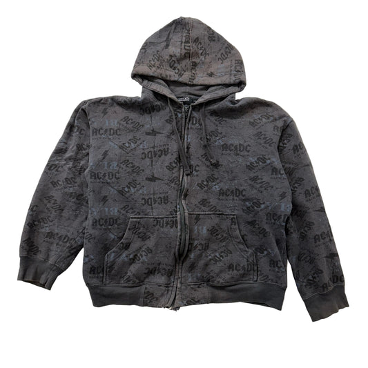 AC/DC Rockware Charcoal Gray Cotton Blend AOP Zip Up Hoodie Long Sleeves Size L