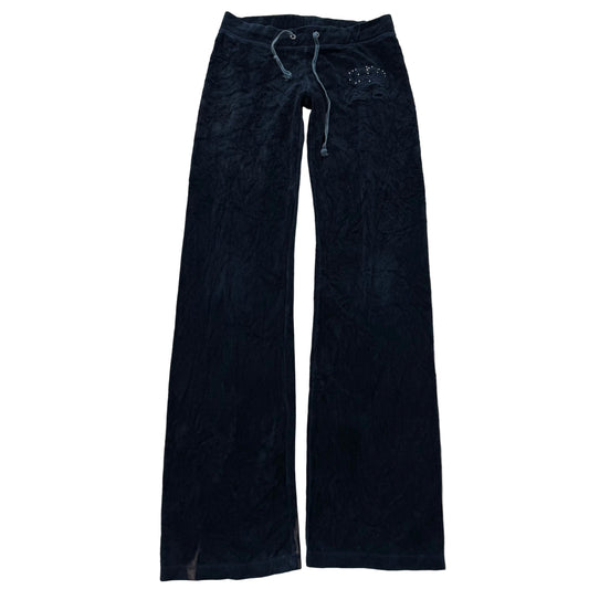 Vintage Juicy Couture Women's Navy Flared Track Pant Rhinestones Logo Y2K Size S