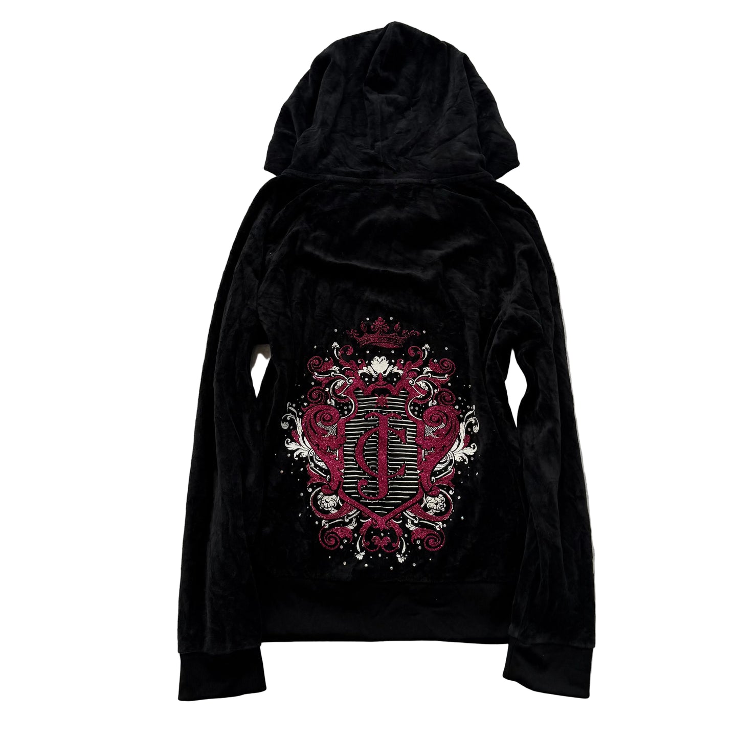 Juicy Couture Women's Black Velour Zip-Up Hoodie Rhinestones Accent Logo Size L