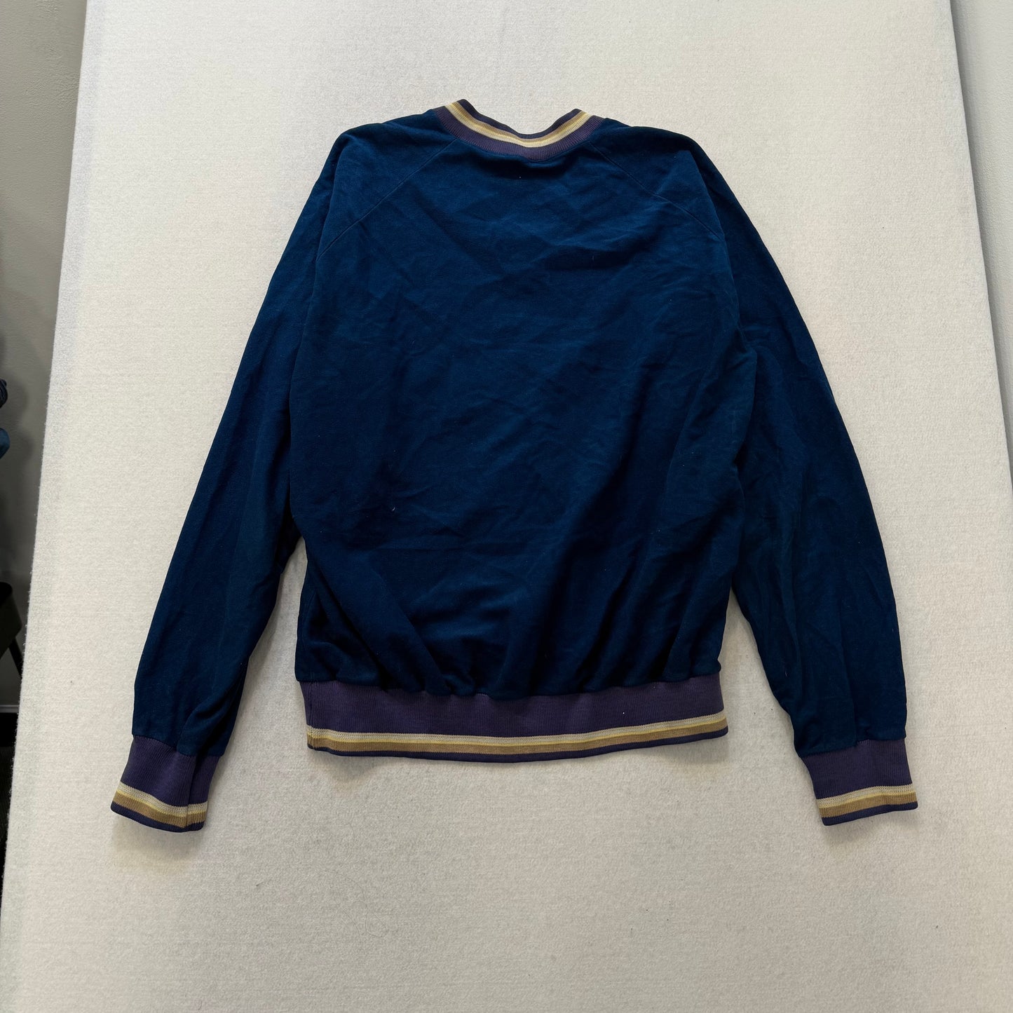 Lee Navy Velour V-Neck Sweater Purple Trim Made in USA Size L