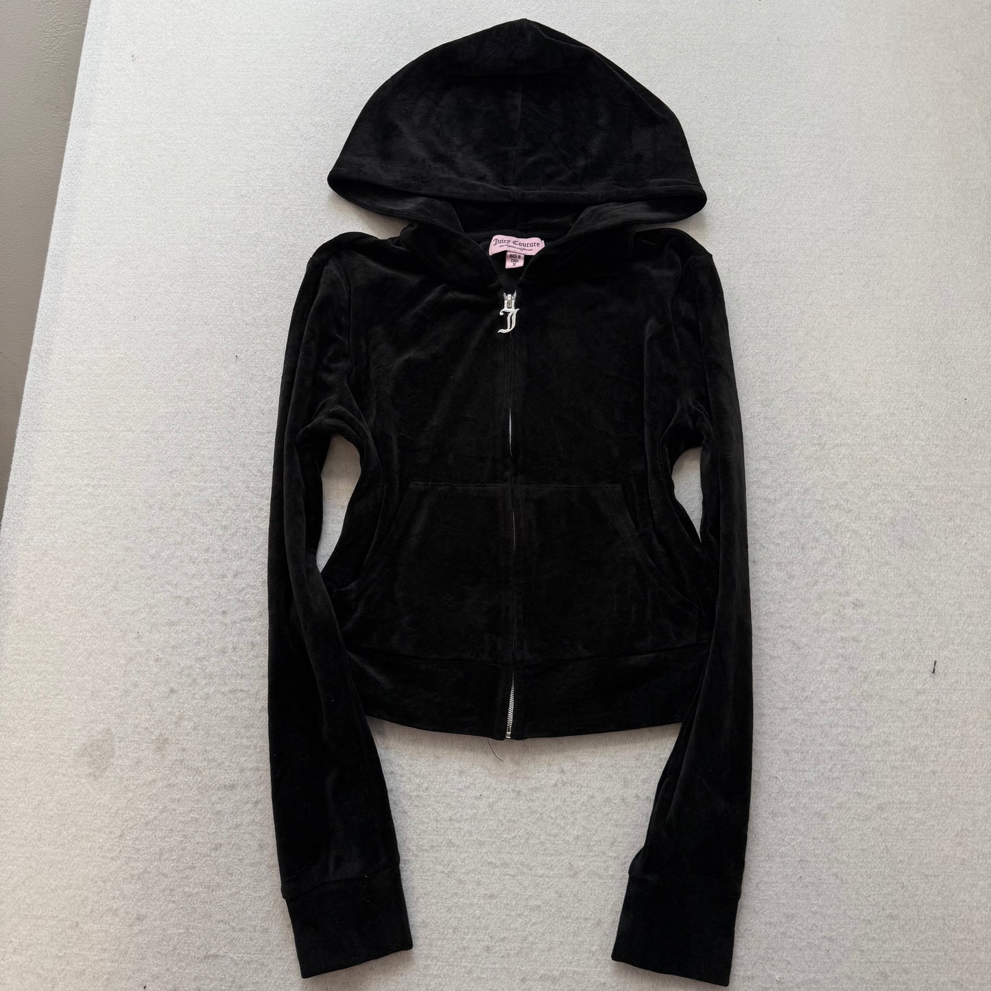 Juicy Couture Women's Black Velour Zip Up Cropped Hoodie Rhinestones Logo Size S