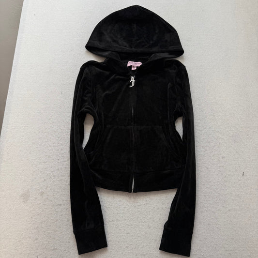Juicy Couture Women's Black Velour Zip Up Cropped Hoodie Rhinestones Logo Size S