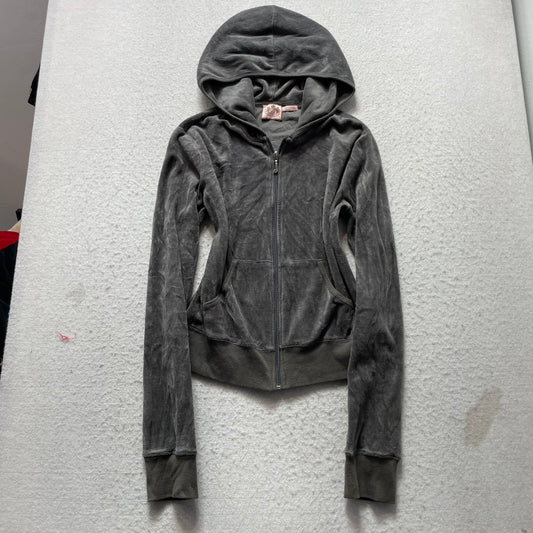 Vintage Juicy Couture Women's Charcoal Gray Velour Zip-Up Hoodie Streetwear - S