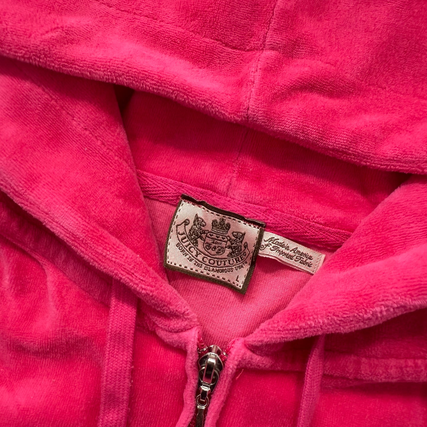 Vintage Juicy Couture Women's Hot Pink Velour Zip Up Hoodie Graphic Logo Size L