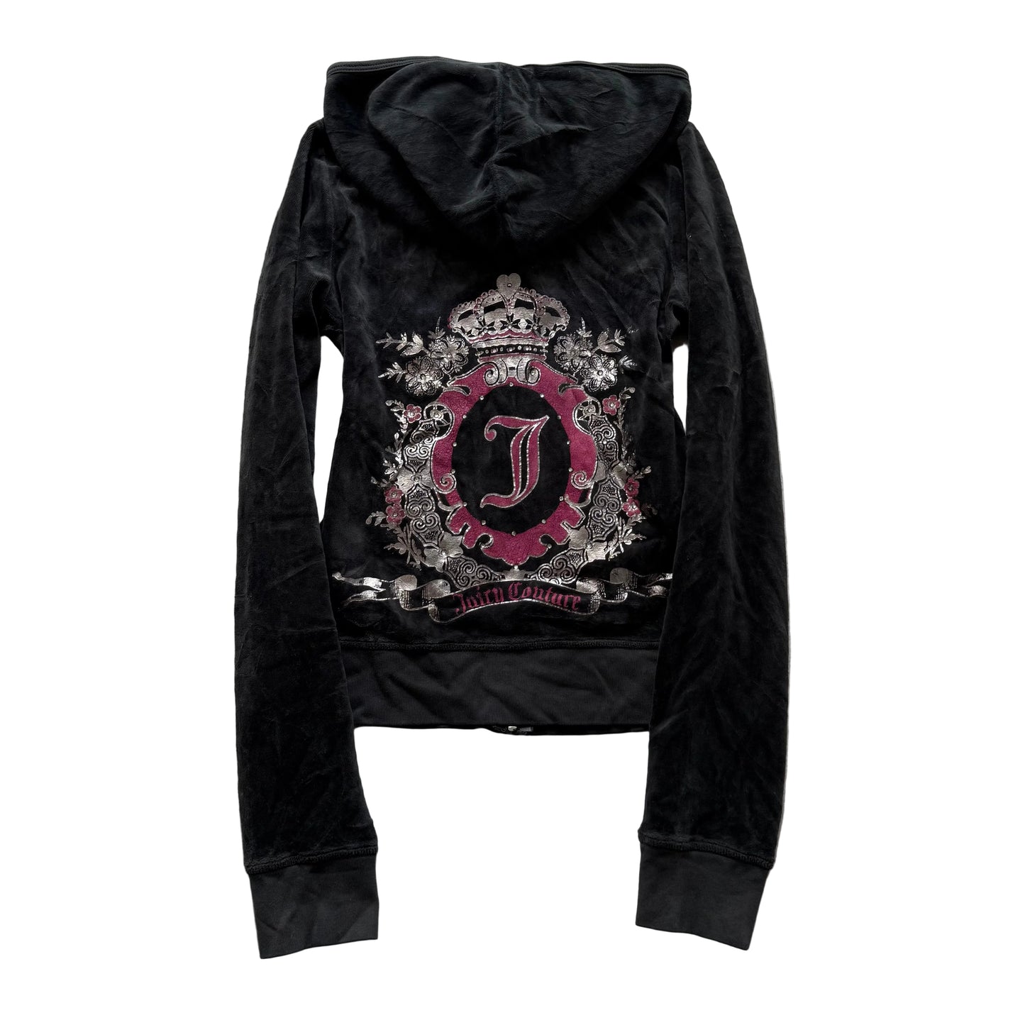 Juicy Couture Women's Charcoal Gray Velour Zip-Up Hoodie Crown Crest Logo Size S