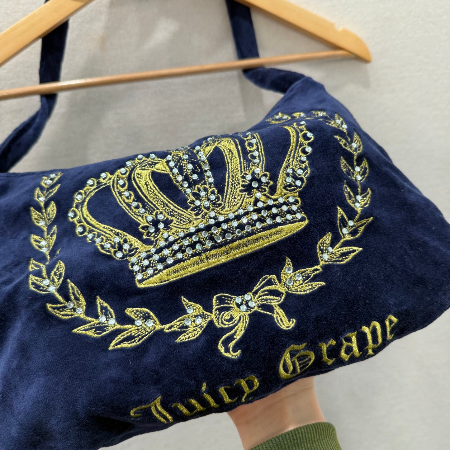 Juicy Couture Women's Navy Blue Velour Gold Embroidered Crown Shoulder Hobo Bag
