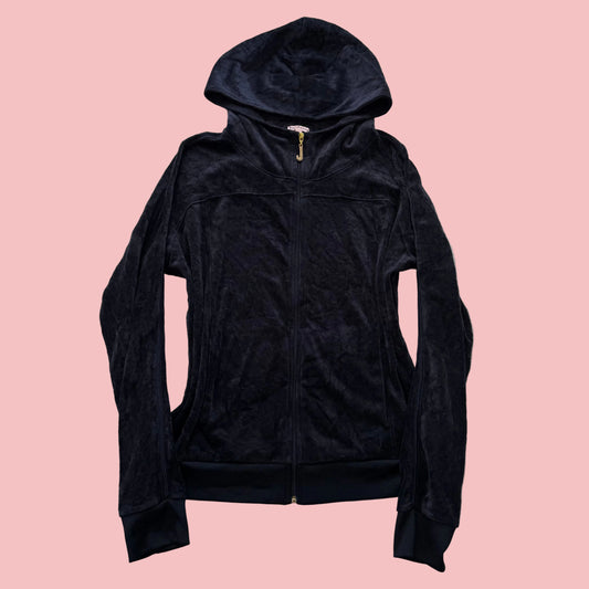 Juicy Couture Women's Navy Velour Zip-Up Hoodie Rhinestone Gold Zipper Size L