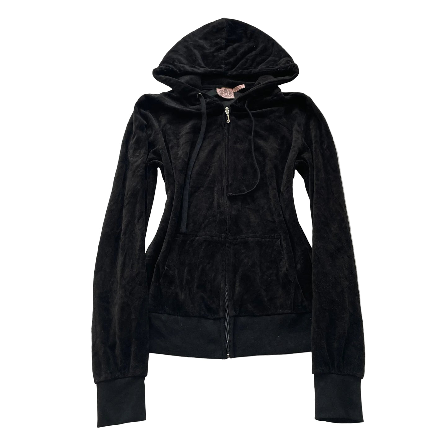Juicy Couture Women Black Velour Zip-Up Hoodie Streetwear Pockets Classic Size M