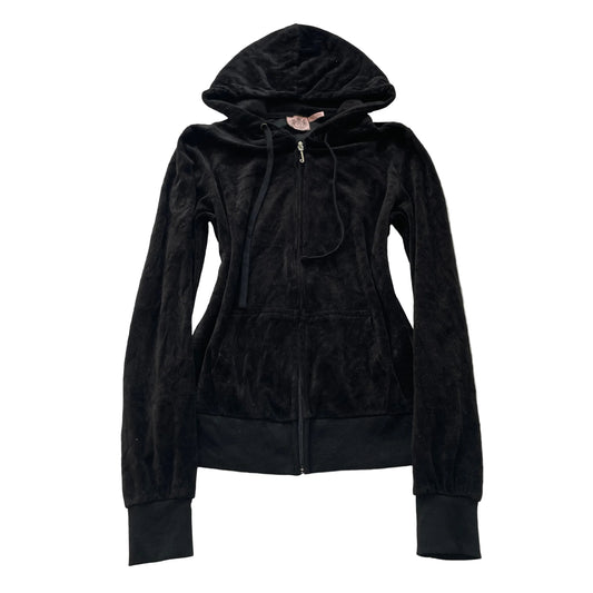 Juicy Couture Women Black Velour Zip-Up Hoodie Streetwear Pockets Classic Size M