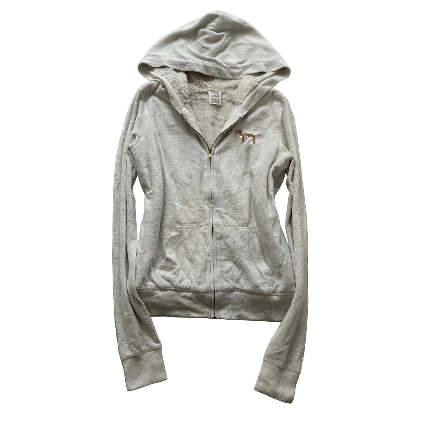 Victoria's Secret PINK White Faux Fur-Lined Zip-Up Hoodie Gold Sequin Size XS