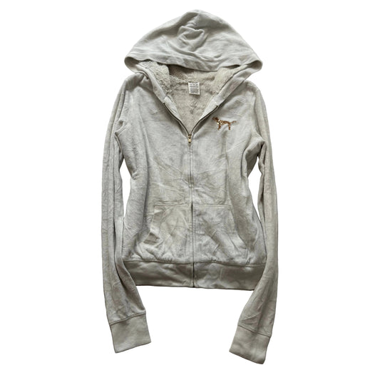 Victoria's Secret PINK White Faux Fur-Lined Zip-Up Hoodie Gold Sequin Size XS