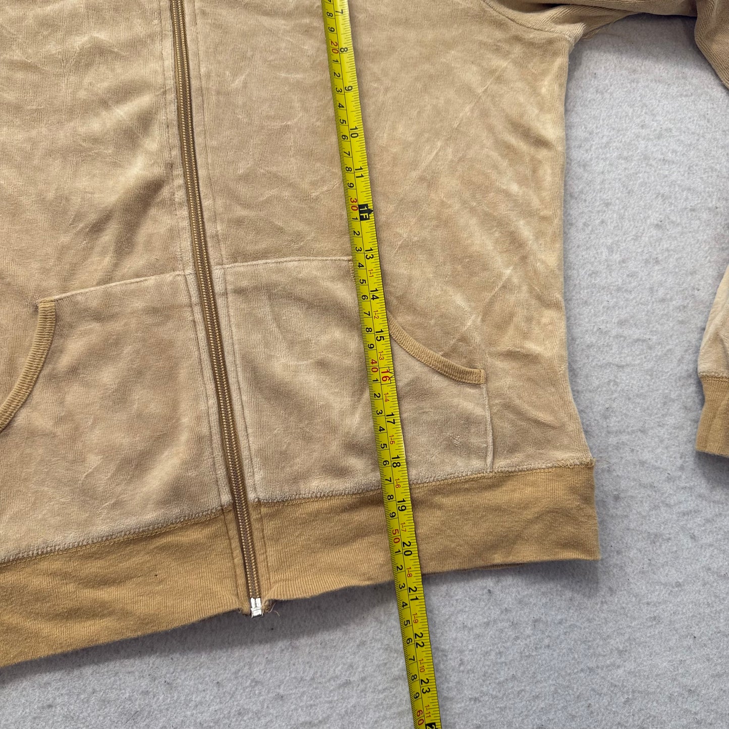 Vintage Juicy Couture Women's Tan Velour Full Zip Hoodie Graphic Logo Y2k Size L