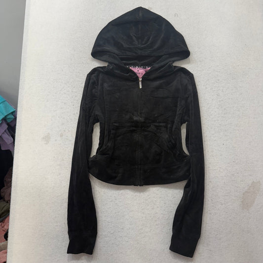 Juicy Couture Forever 21 Women's Black Velour Cropped Hoodie Rhinestones Size S