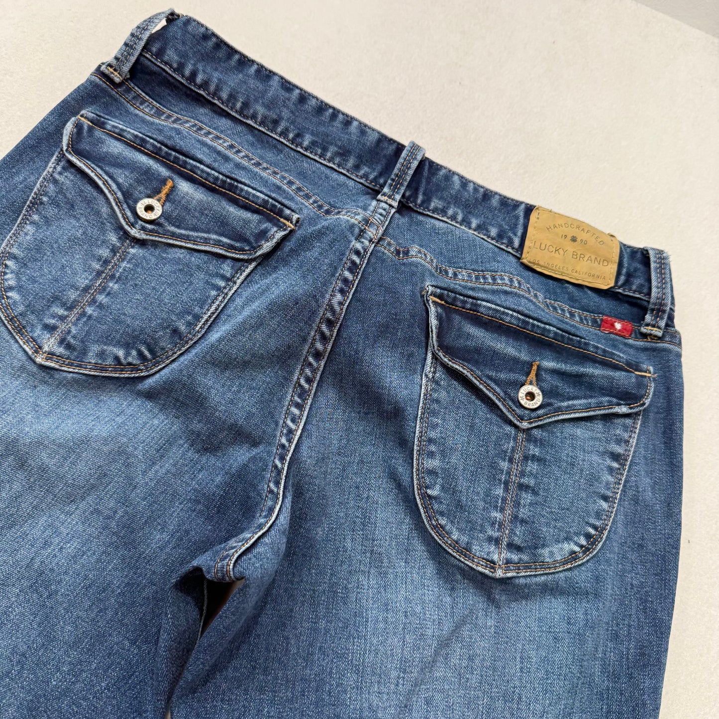 Lucky Brand Leyla Boot Womens Blue Denim Flared Jeans Back Snap Pockets Waist 28