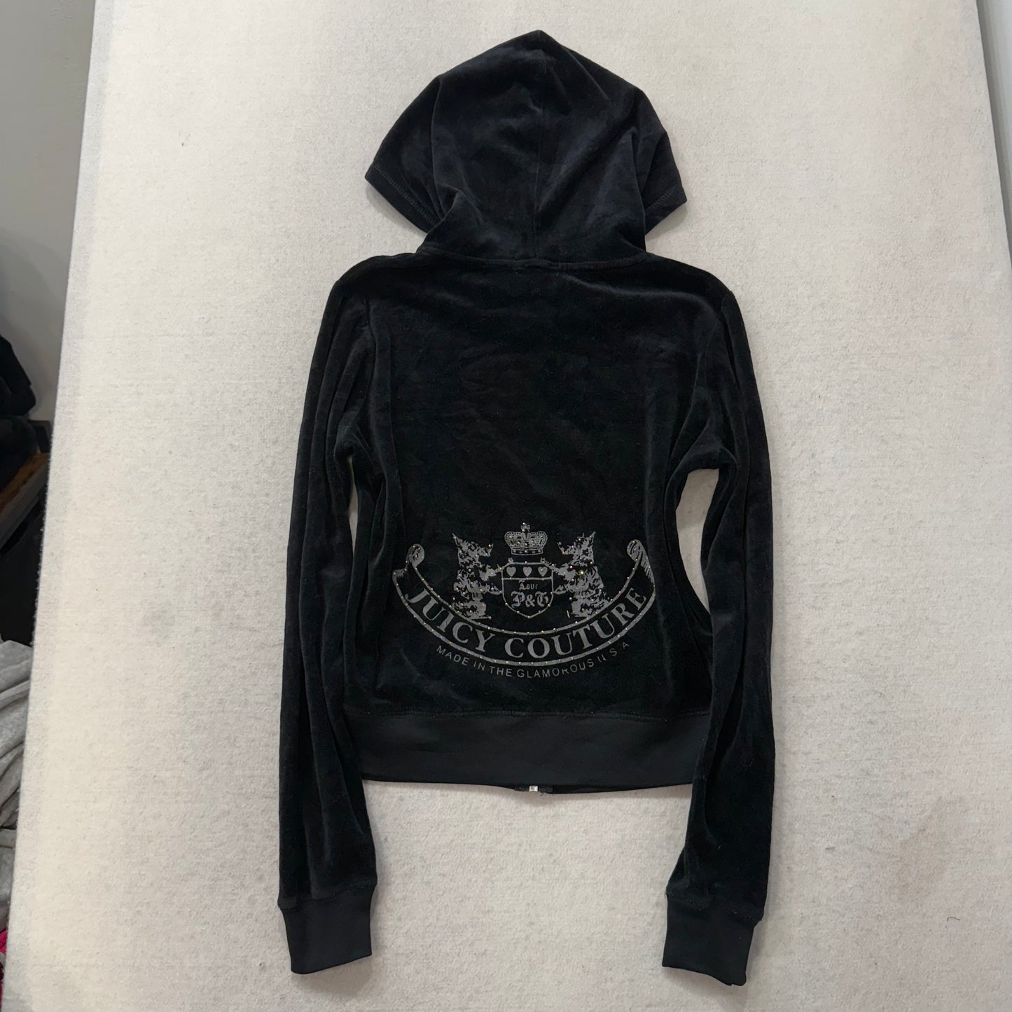 Juicy Couture Black Velour Tracksuit Set Zip Up Hoodie & Straight Pants Size L
