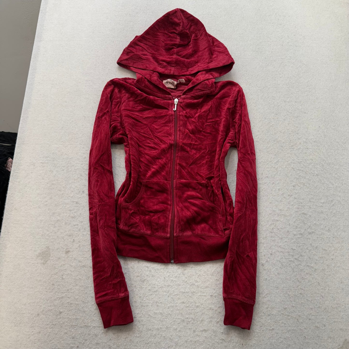 Juicy Couture Women Wine Red Velour Tracksuit Set Hoodie & Pant Pockets Size S/M