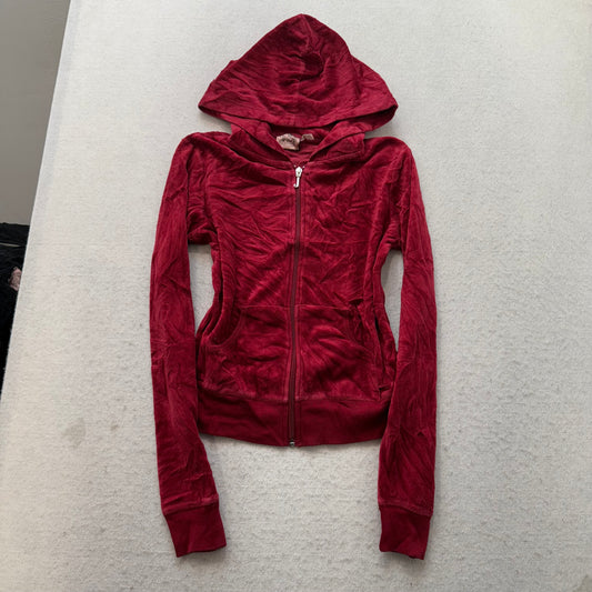 Juicy Couture Women Wine Red Velour Tracksuit Set Hoodie & Pant Pockets Size S/M