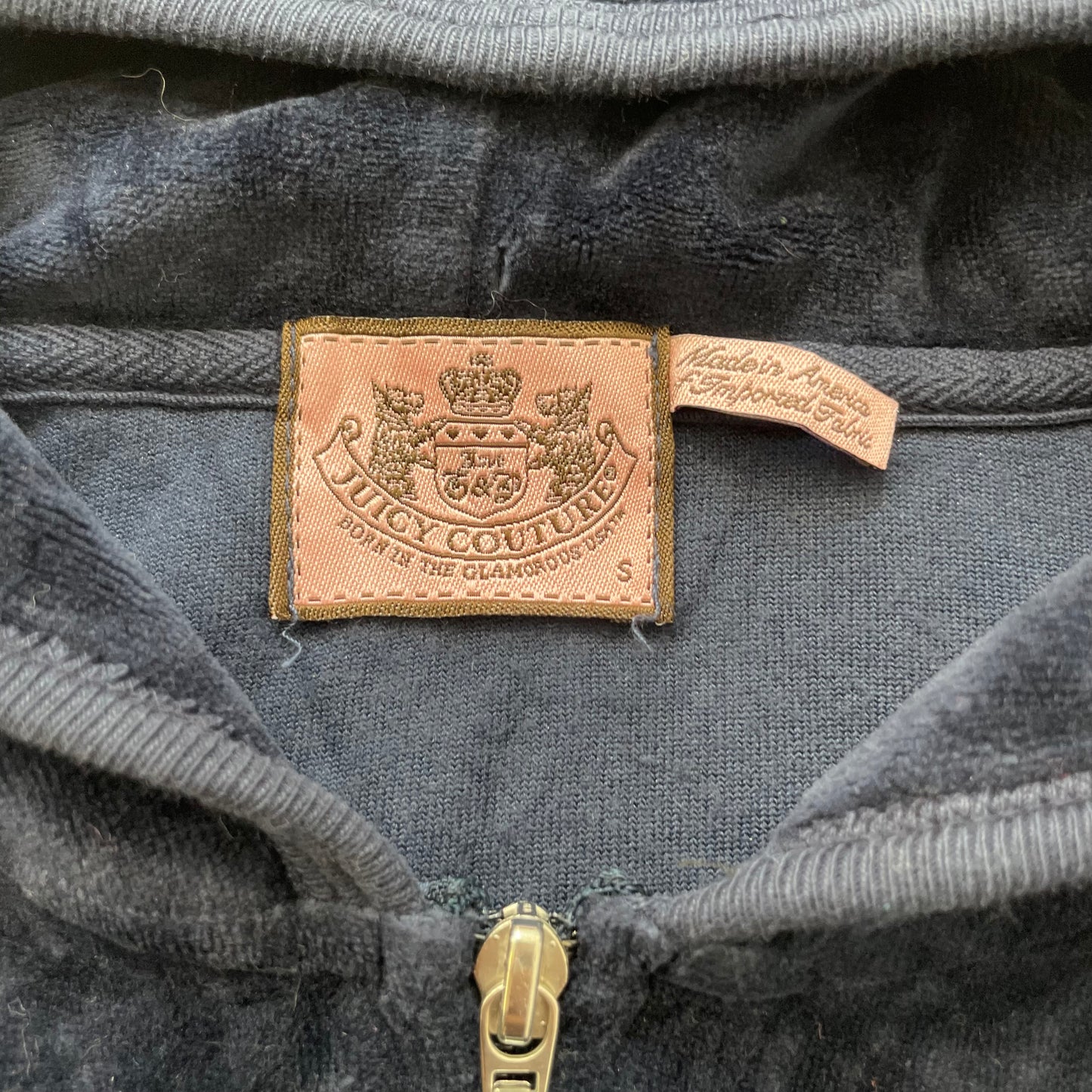 Vintage Juicy Couture Womens Navy Velour Zip-Up Hoodie Back Graphic Print Size S