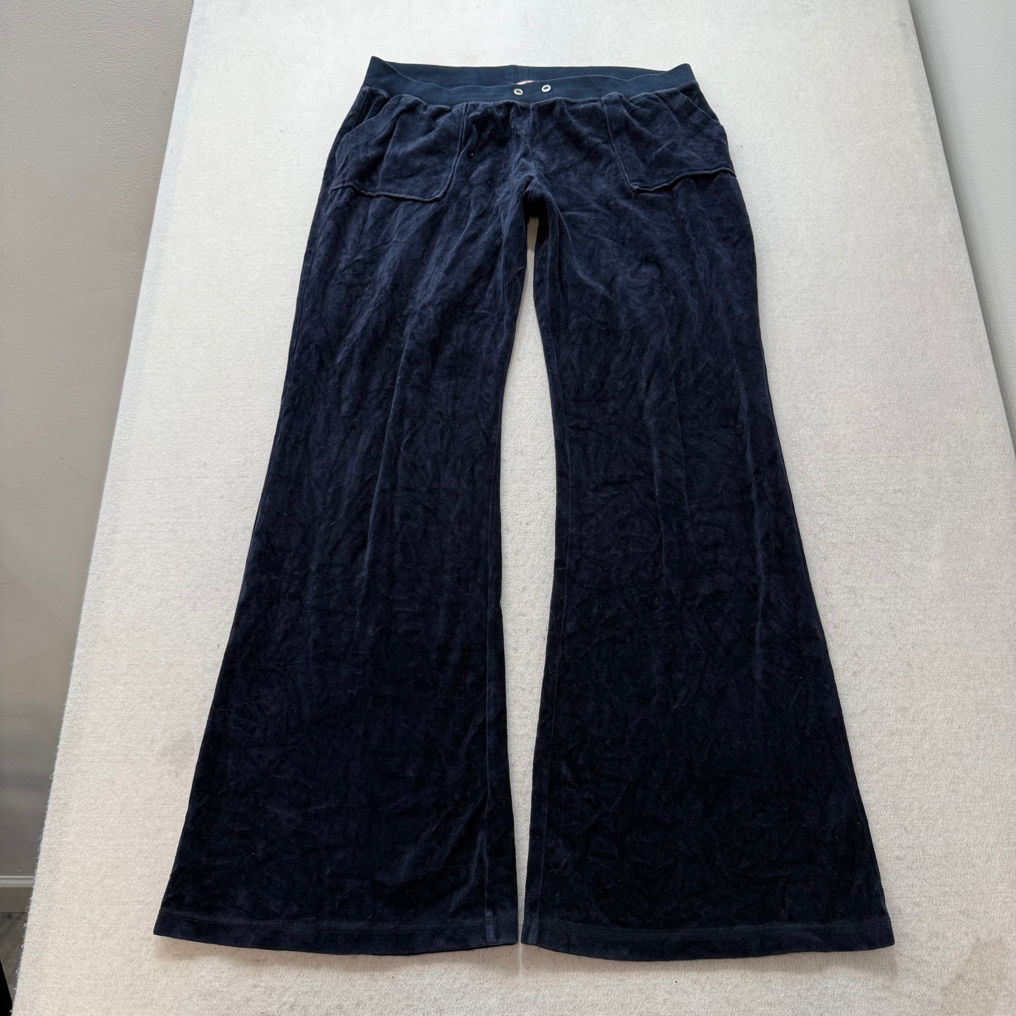 Juicy Couture Womens Navy Velour Wide Leg Flare Track Pants Snap Pockets Size XL