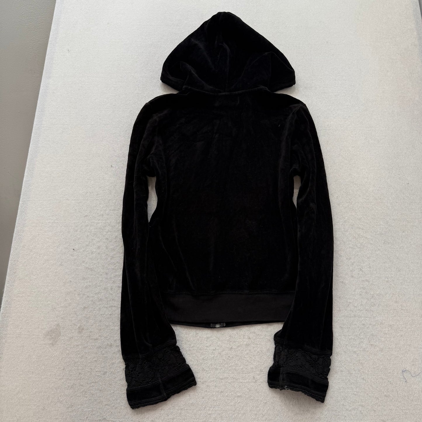 2003 Vintage Juicy Couture Women's Black Velour Zip-Up Hoodie Lace Cuffs Size M