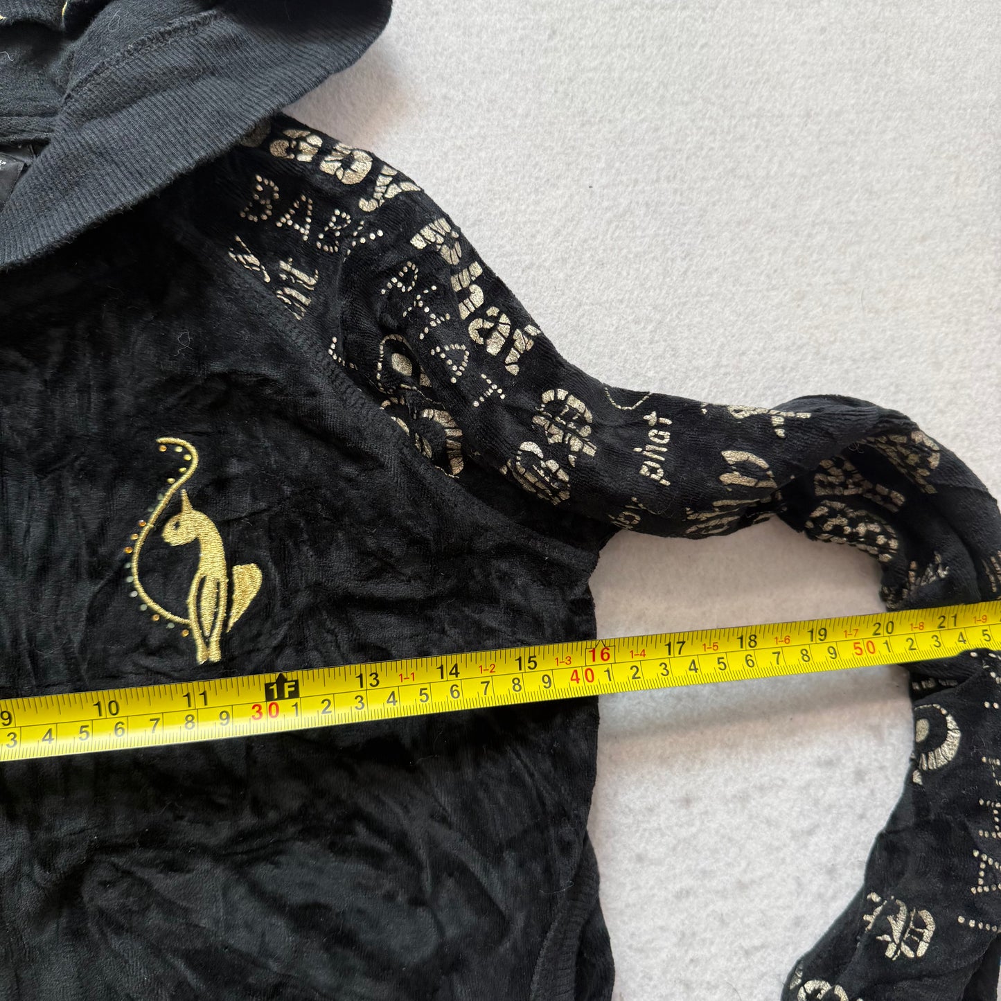 Baby Phat Women Black Velour Zip Up Hoodie All-Over Print Rhinestone Logo Size L