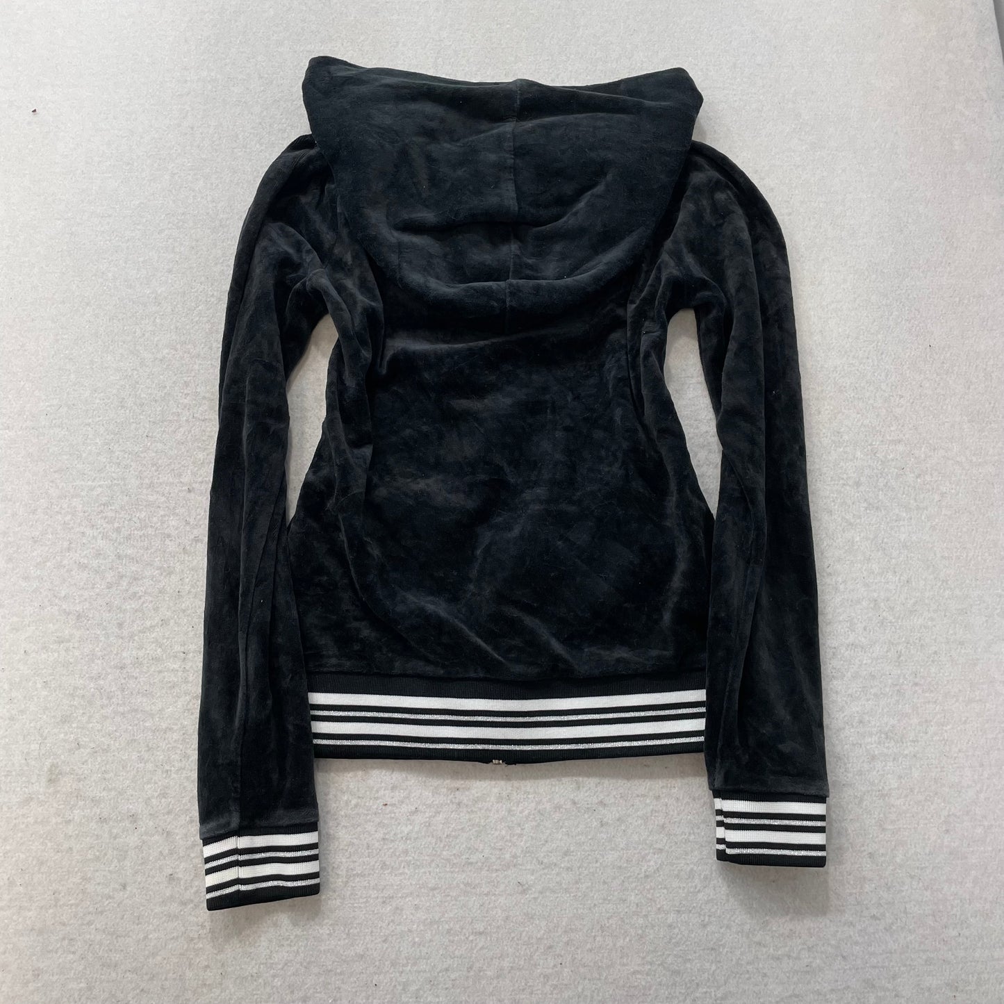 Juicy Couture Womens Black Velour Zip-Up Hoodie Striped Cuffs and Hem Y2k Size S
