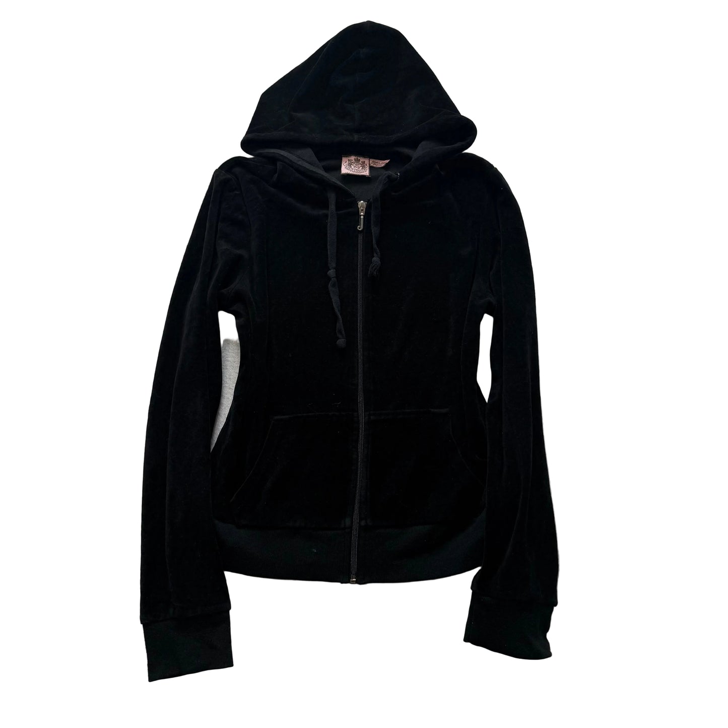 Vintage Juicy Couture Women's Black Velour Zip-Up Hoodie Pockets Y2K Size L
