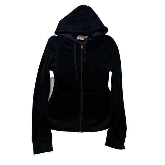 Vintage Juicy Couture Women's Black Velour Zip-Up Hoodie Pockets Y2K Size L
