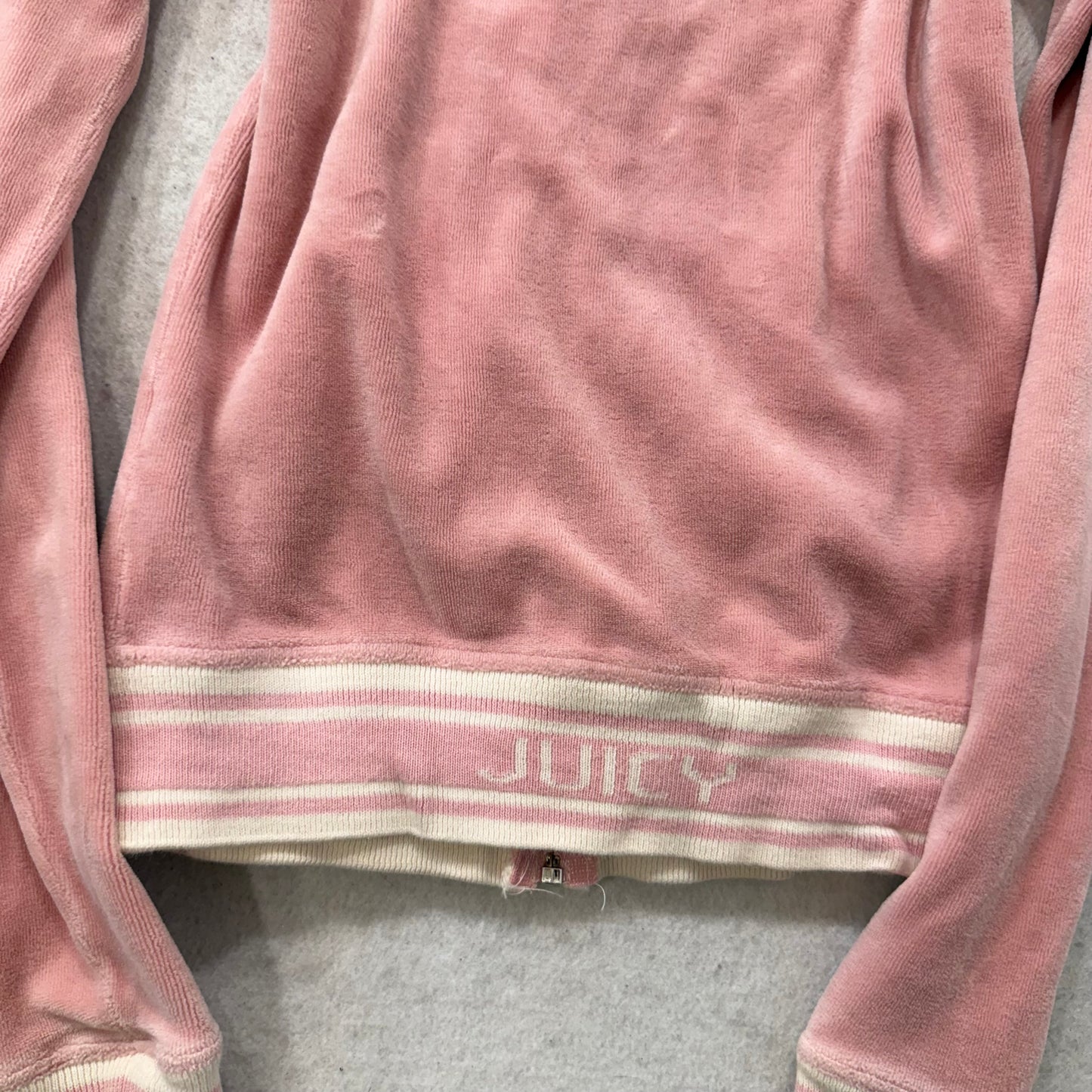 2003 Vintage Juicy Couture Pink Velour Zip-Up Hoodie White Stripe Rib Hem Size P