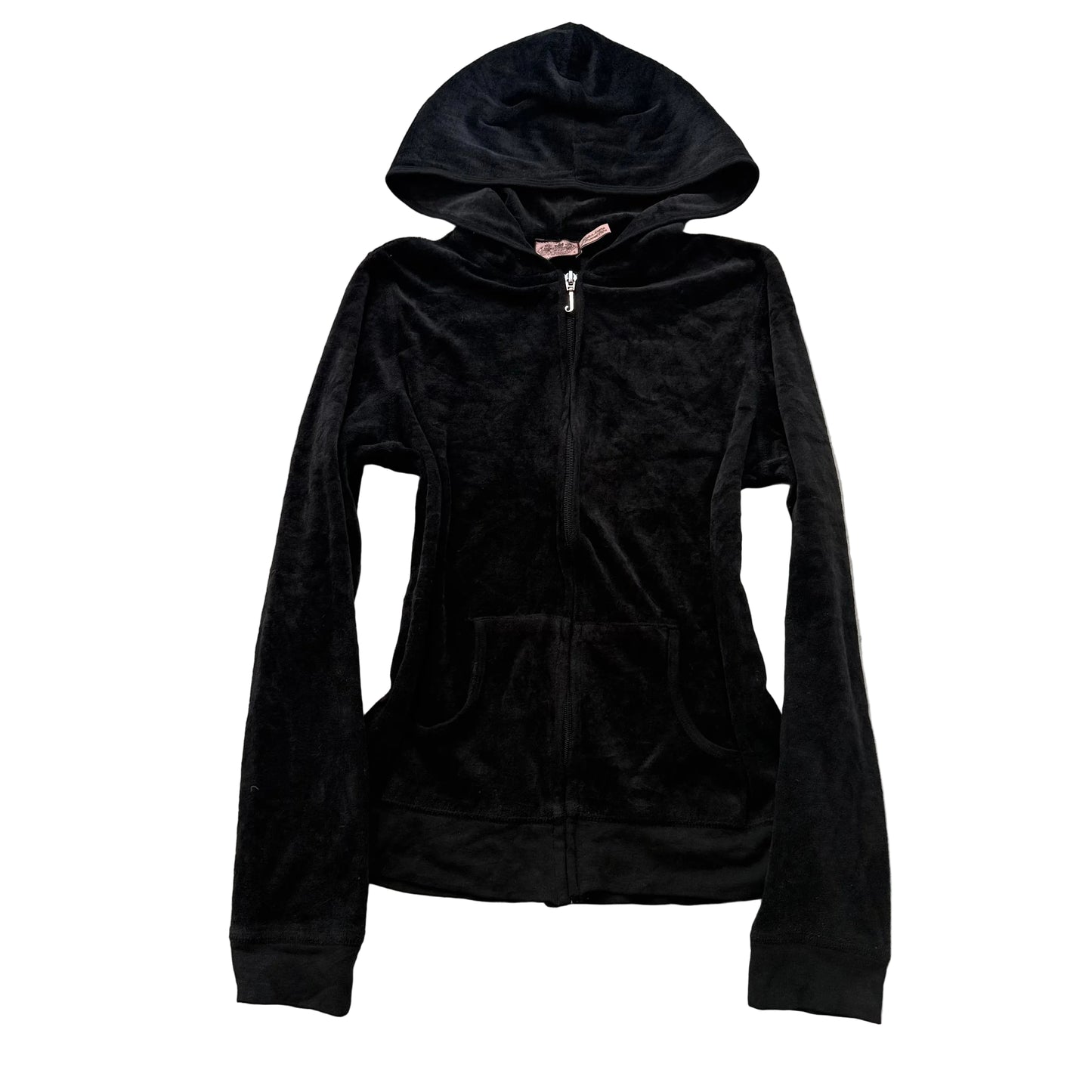 Vintage Juicy Couture Women's Black Velour Zip-Up Hoodie Loungewear Pockets Size S