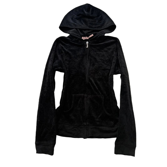 Vintage Juicy Couture Women's Black Velour Zip-Up Hoodie Loungewear Pockets Size S