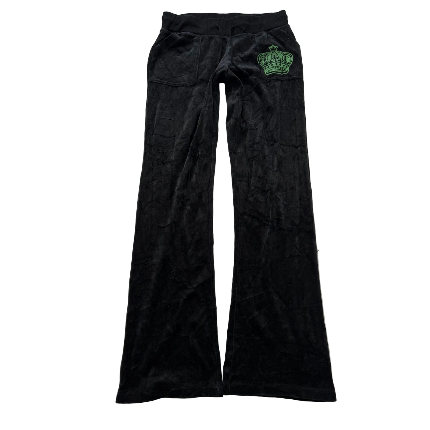 Juicy Couture Women's Black Velour Flared Track Pants Pockets Crown Logo Size M
