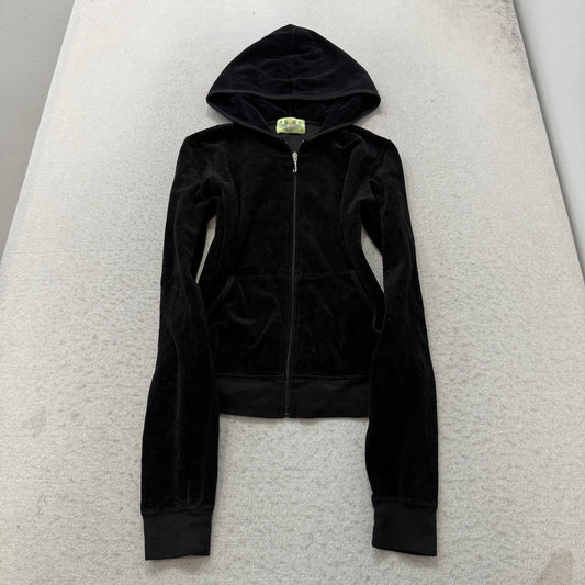 2003 Vintage Juicy Couture Women's Black Velour Zip-Up Hoodie Pockets Size L