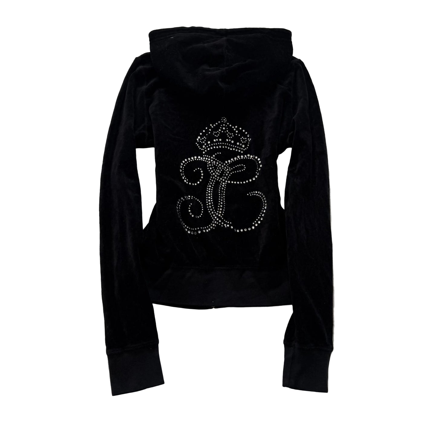 Juicy Couture Womens Jet Black Velour Zip-Up Hoodie Rhinestone Crown Logo Size S