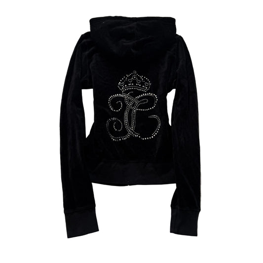 Juicy Couture Womens Jet Black Velour Zip-Up Hoodie Rhinestone Crown Logo Size S